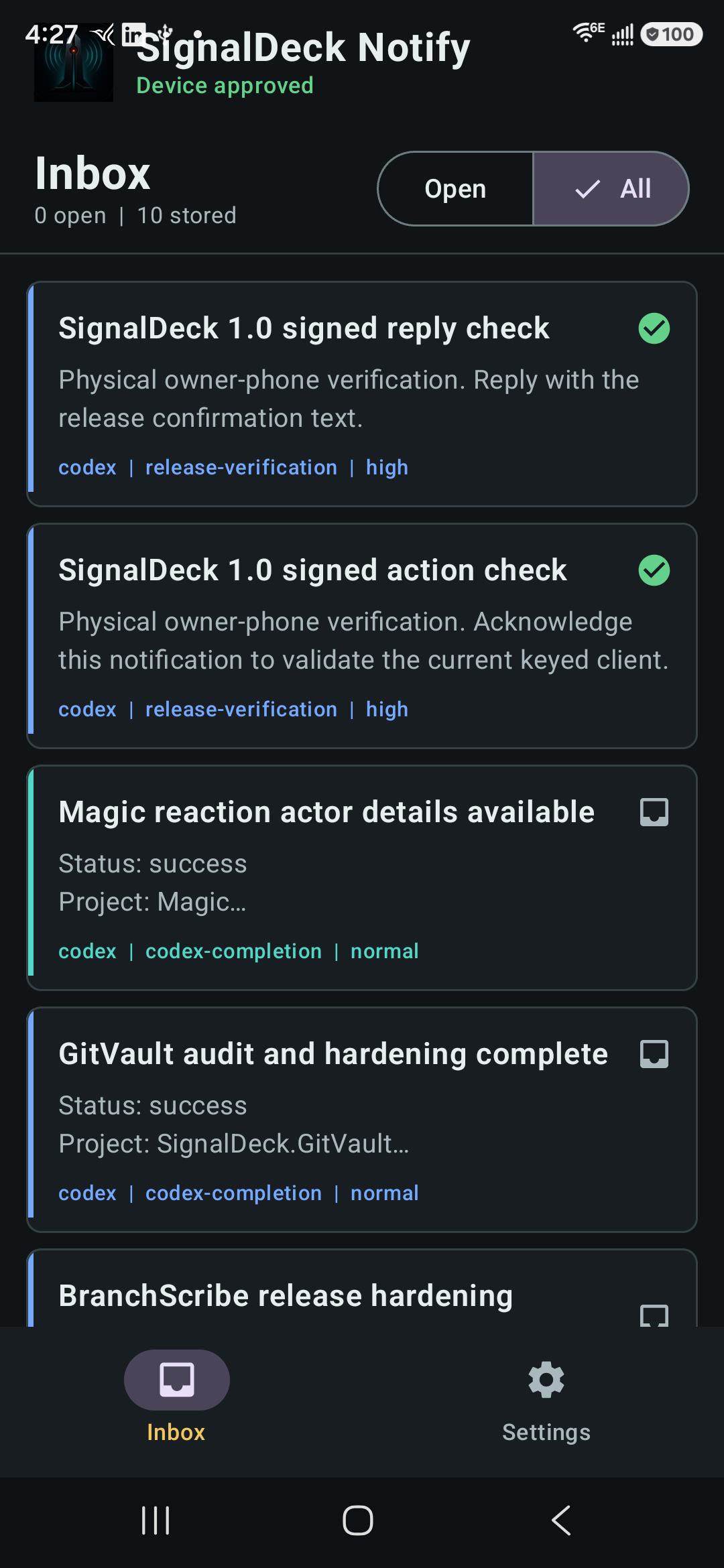 SignalDeck Notify Android inbox with completed responses