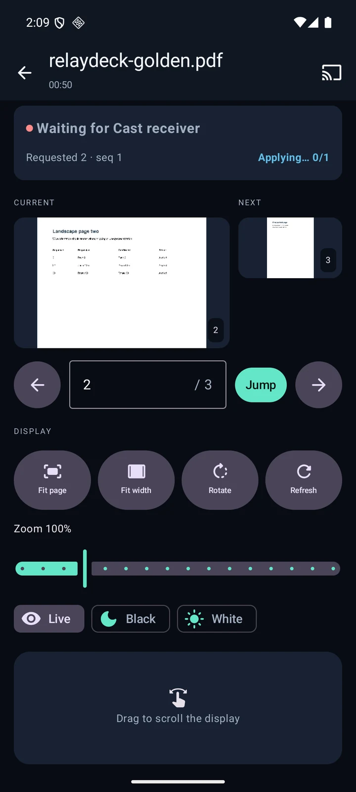 RelayDeck Android controller with page two requested and awaiting receiver confirmation